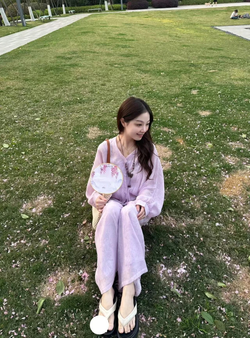 新中式衬衣宽松温柔碎花法式泡泡袖时尚套装连衣裙紫色甜美长袖