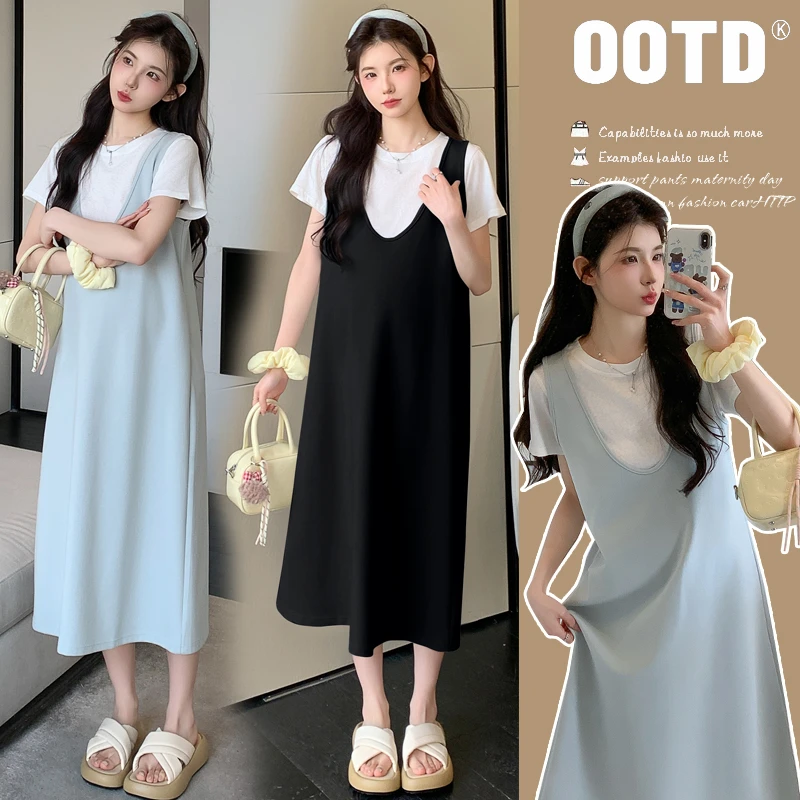 孕妇装夏装套装2025新款白色短袖T恤棉背心裙两件套孕期连衣裙夏