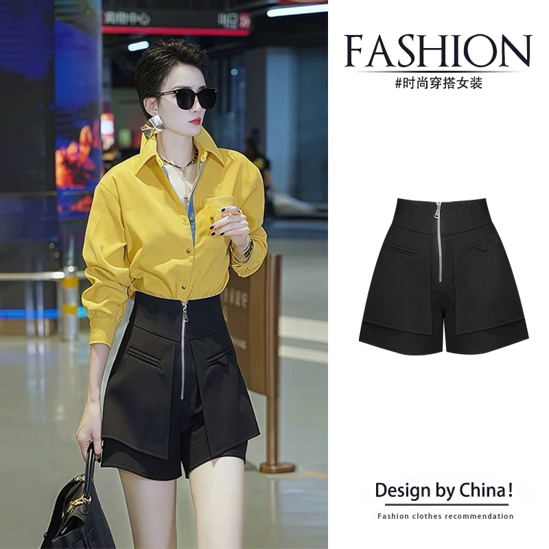 黑色休闲短裤2025夏季新款女高腰百搭小个子阔腿宽松西装裤子