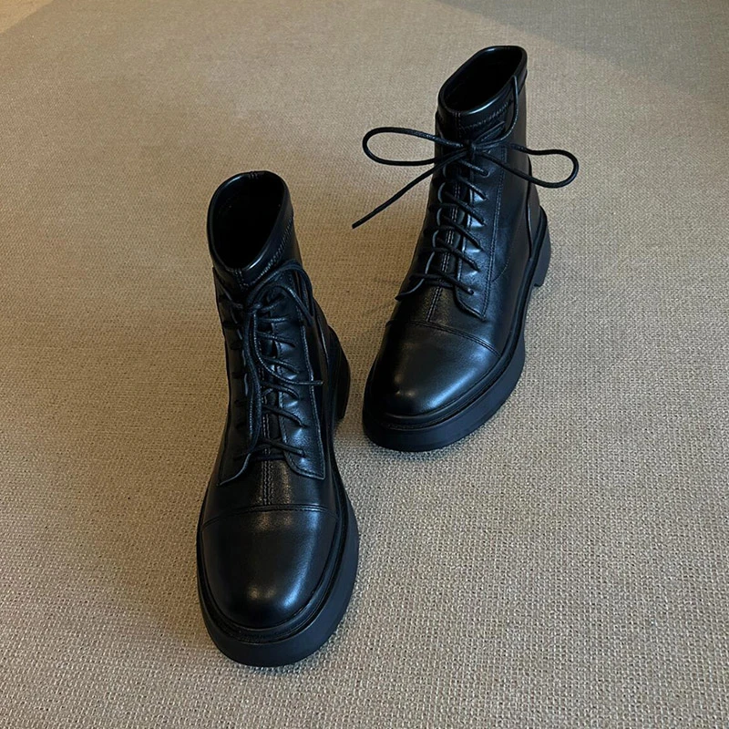 羊皮版~英伦风黑色马丁靴女圆头粗跟瘦瘦靴系厚底带显瘦真皮短靴