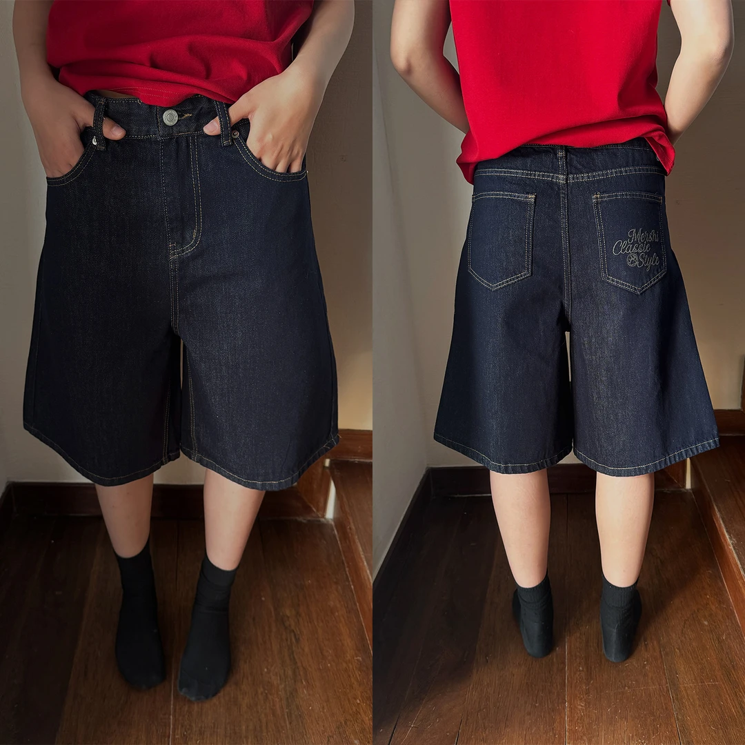 19studio WAYNEPRINCE美式复古直筒牛仔短裤高腰微喇阔腿五分裤女