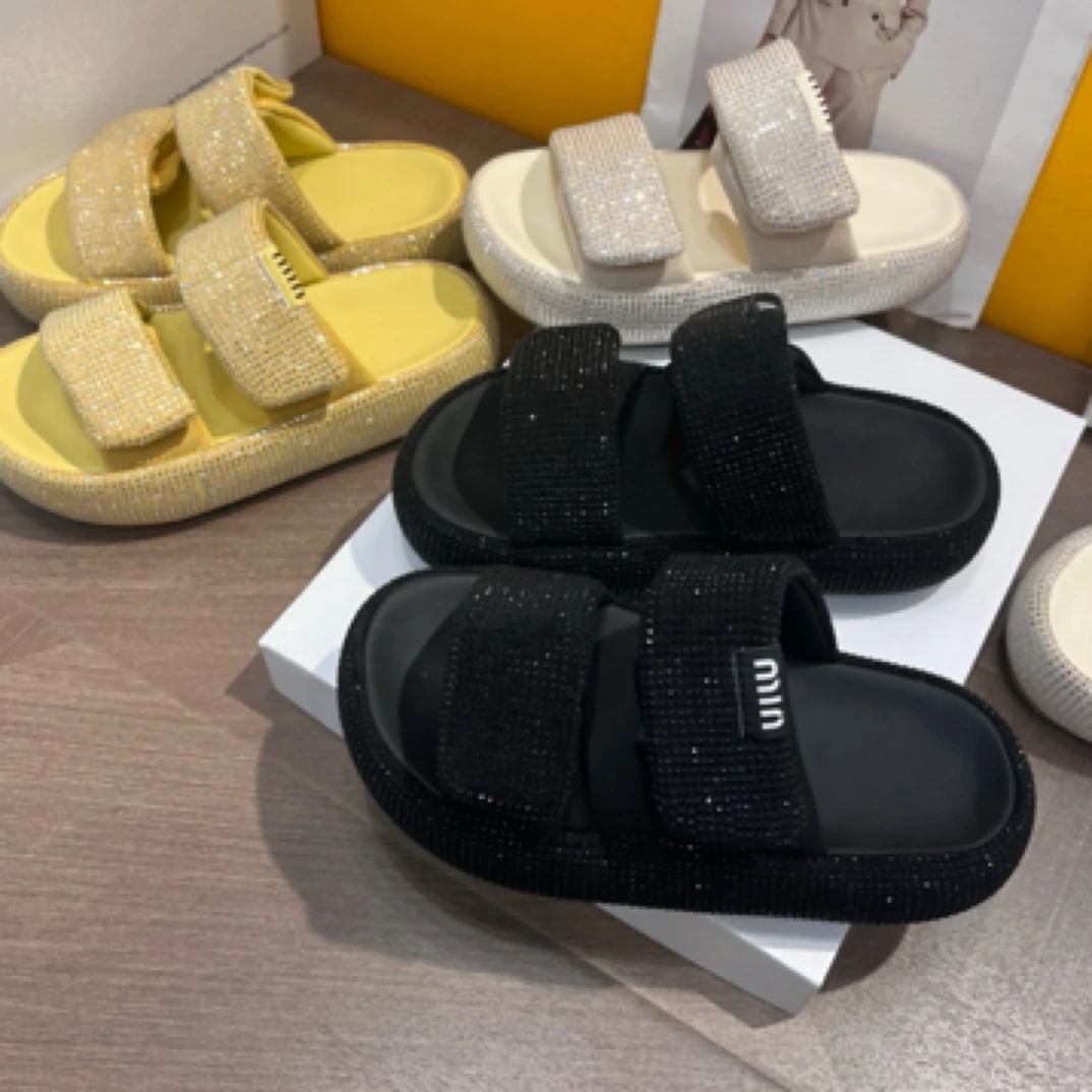 高级感满钻凉鞋女踩屎感厚底水钻魔术贴拖鞋女外穿一字拖鞋