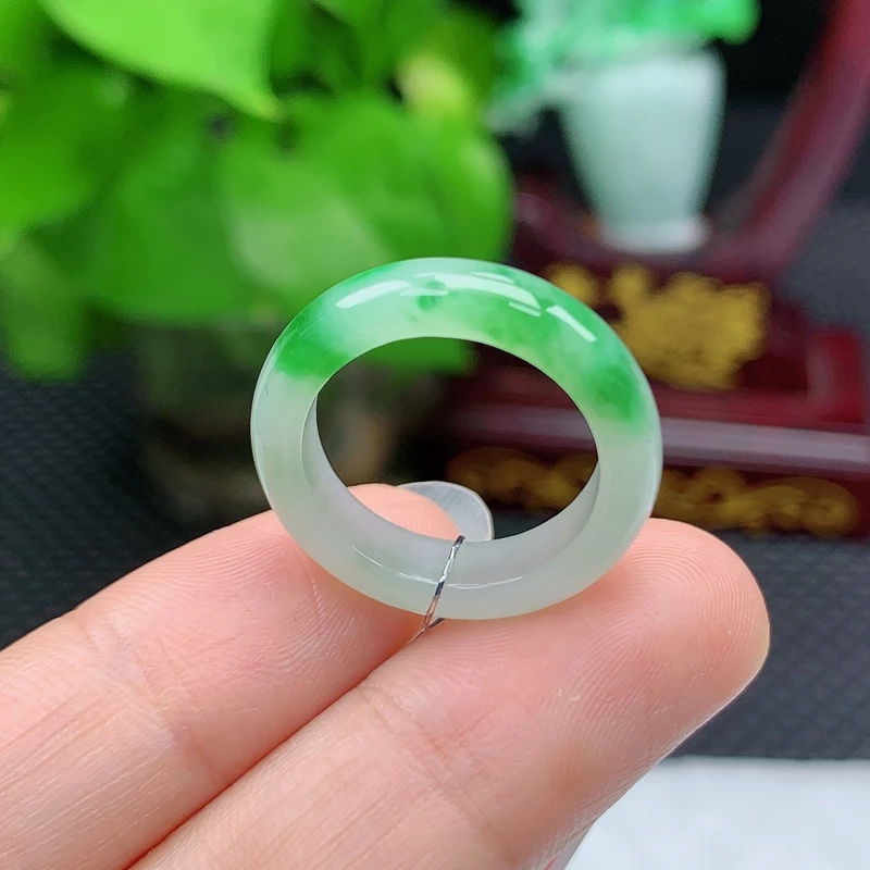 A000103天然缅甸翡翠A货飘阳绿戒指玉戒圈玉石指环14圈内径17mm