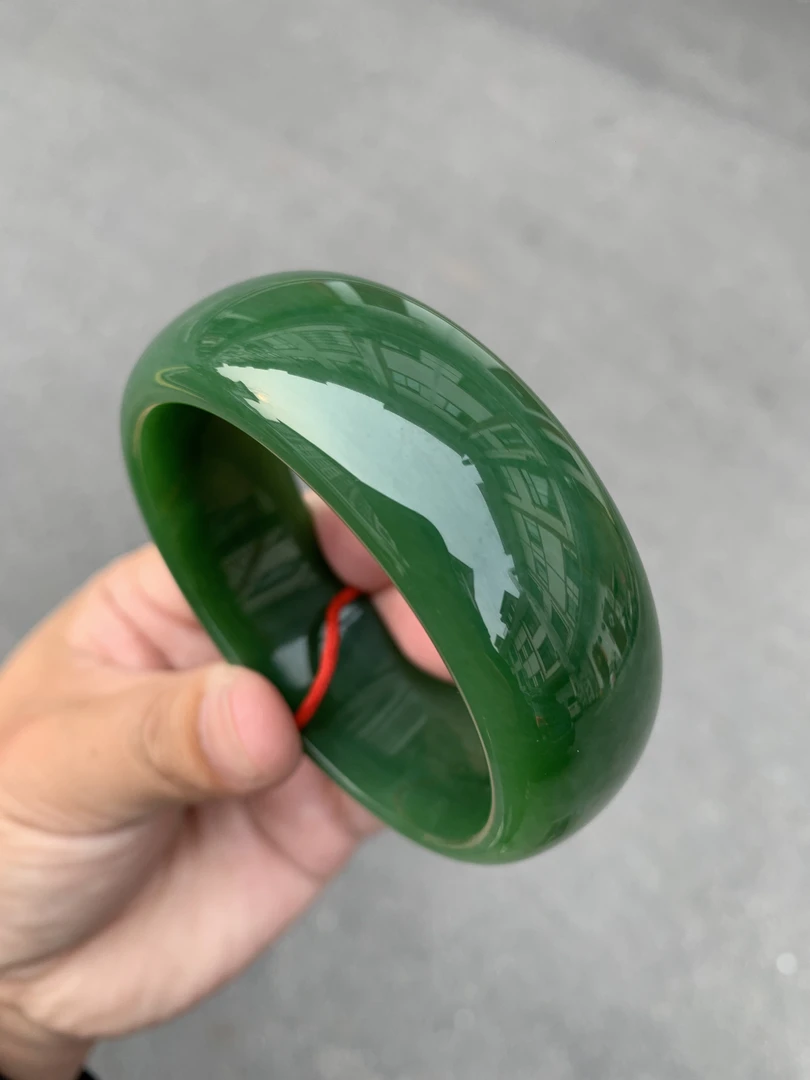 和田玉碧玉手镯宽版轮胎手镯57/58口径辣阳绿