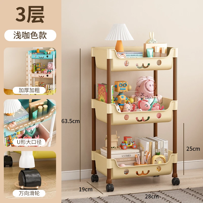 【下单看图】三层奶咖儿童玩具收纳书架家用小推车整理架带轮落地-1