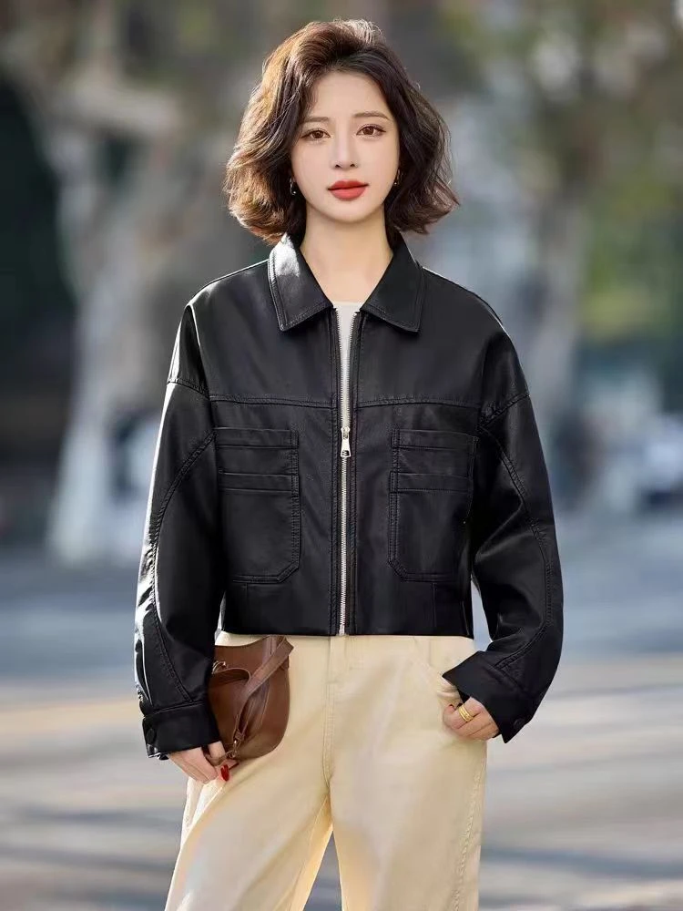 2025欧韩版阔版设计小众缝褶袖皮衣短款外套-08