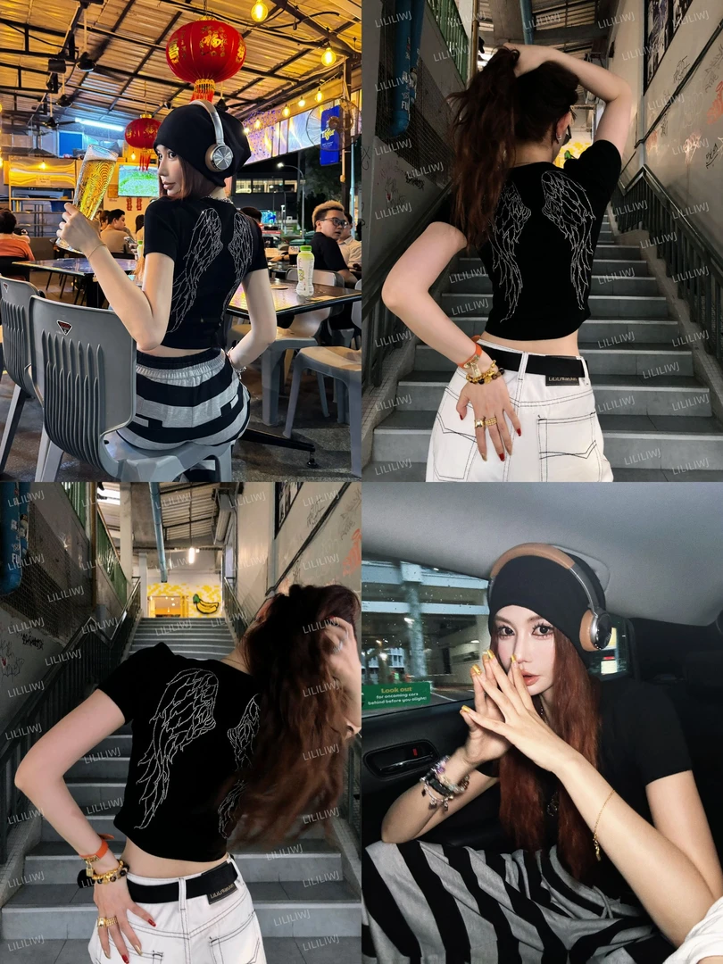 婉君【翅膀钻T】春夏显瘦辣妹短款印花碎钻T恤上衣LWJ24A1T604