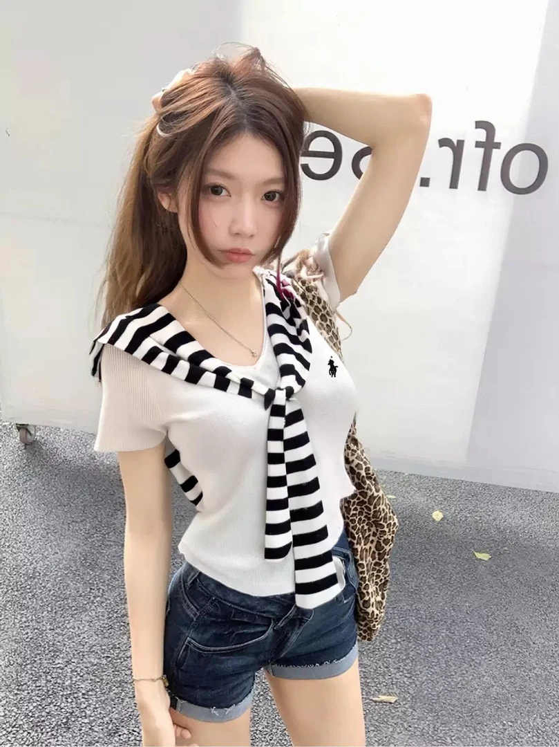 【bbo推荐】夏季韩系气质小马刺绣V领短袖针织t恤披肩上衣两件套