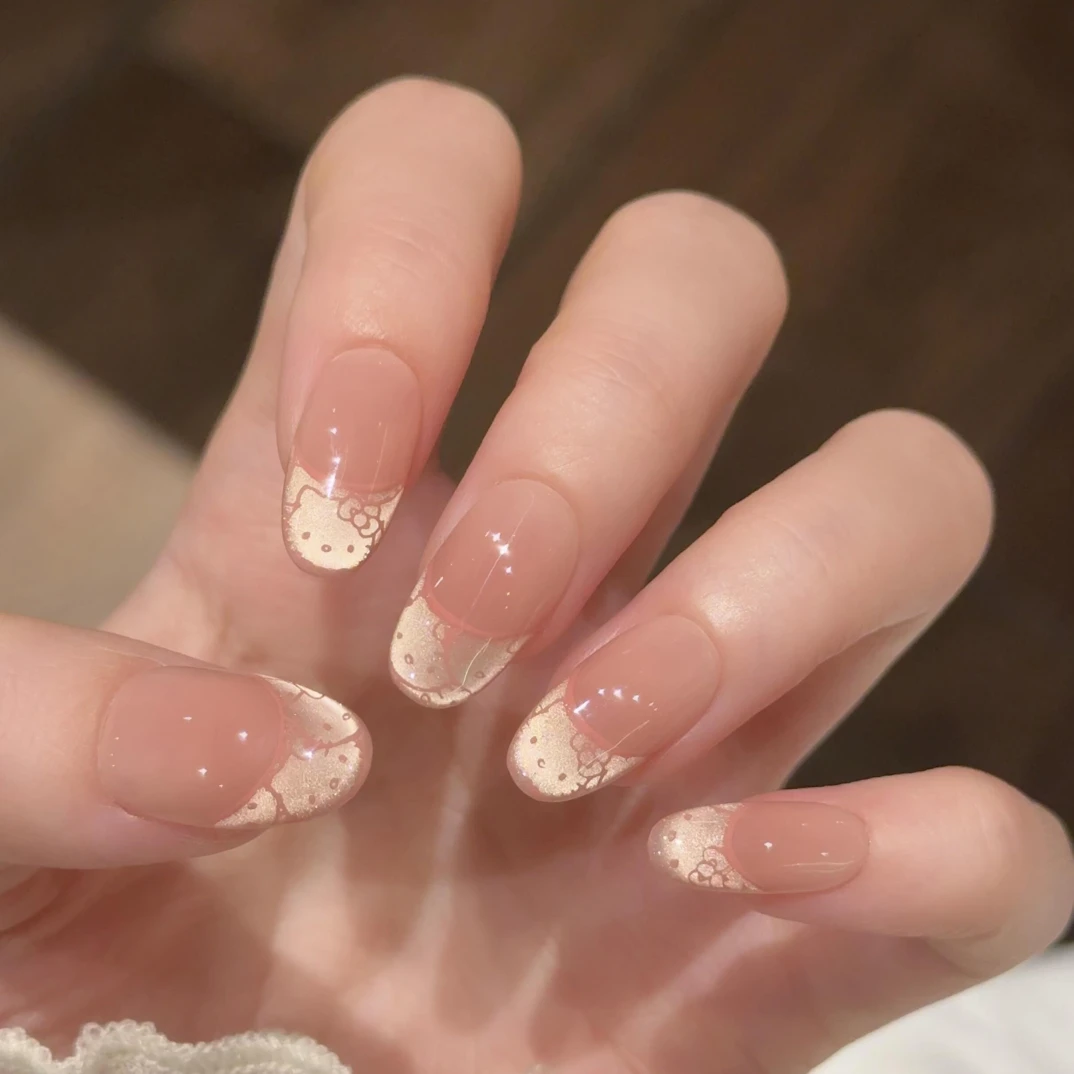 【法式猫】可爱KT卡通显白冰透猫眼穿戴甲日常短款美甲贴片流行纯欲