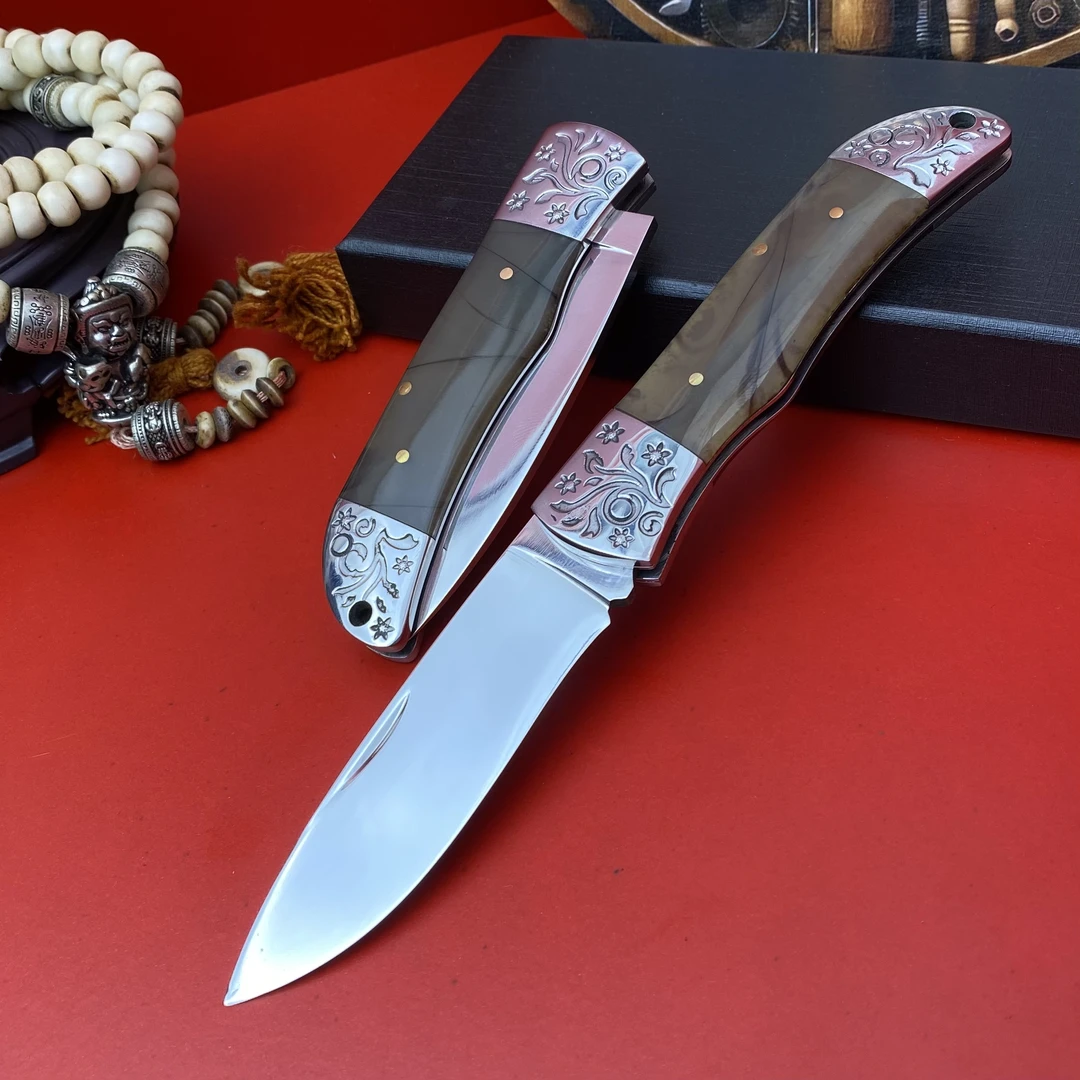 羊玉D2钢羊角蛤刃纯手工水果刀锋利便携户外野营家用多功能刀具