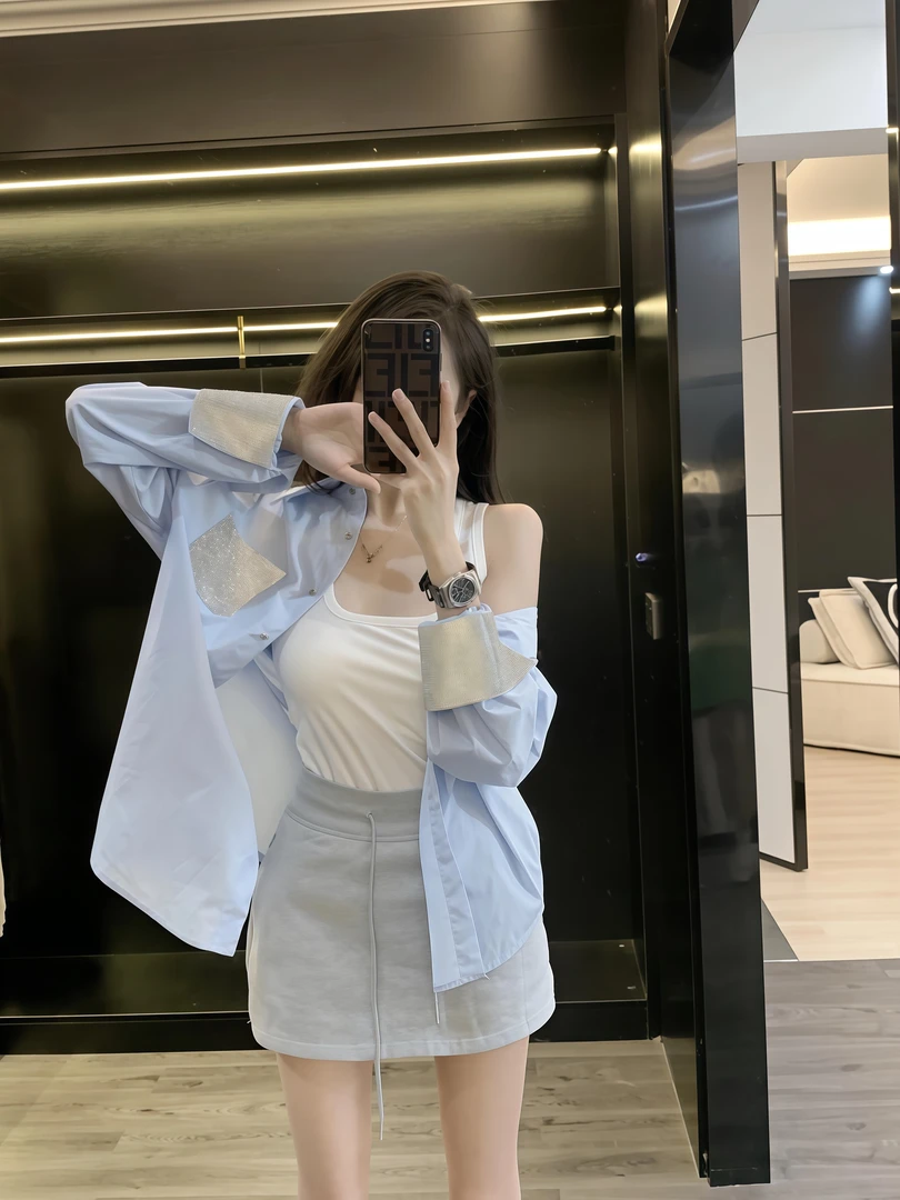 蓝色袖口烫钻长袖衬衫女高级感2025早秋季新款韩版宽松衬衣外套女