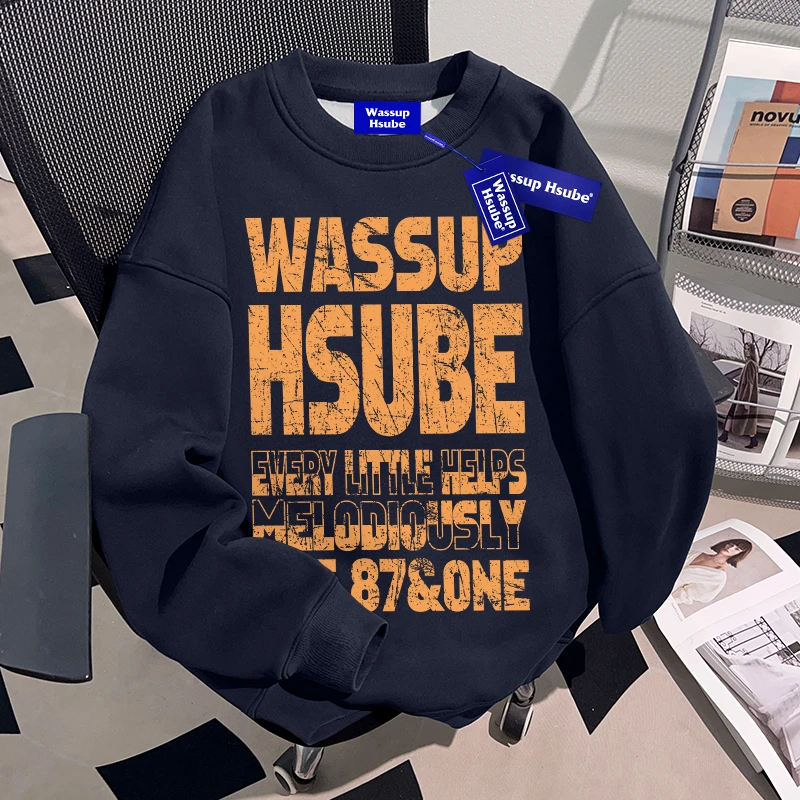 WASSUP HSUBE重磅美式高街字母印花圆领卫衣男秋冬季加绒潮牌上衣