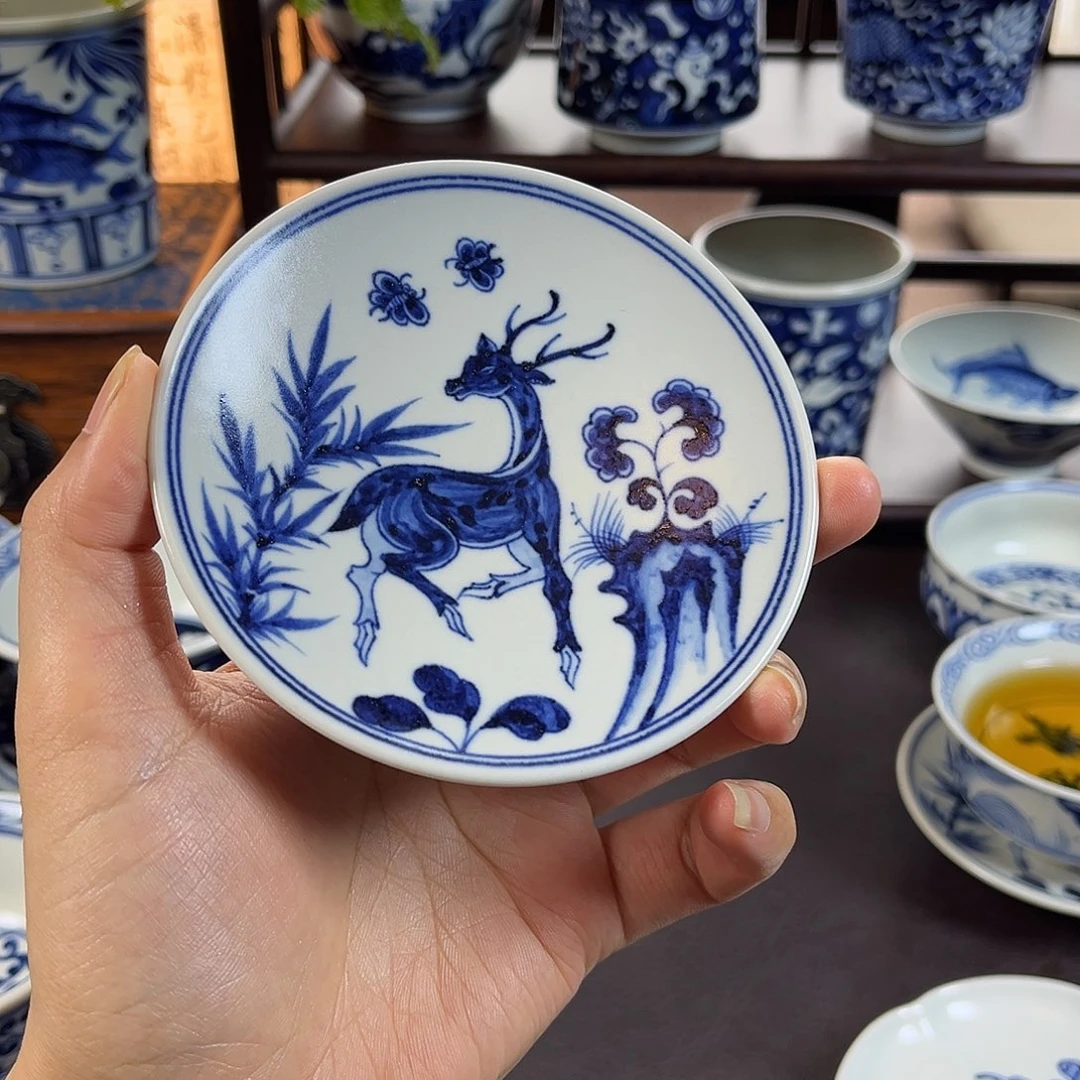 朝岚夕霞元青花鹿纹杯垫全手绘原矿釉烧制