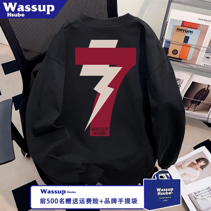 WASSUP HSUBE美式复古长袖重磅纯棉数字印花t恤上衣宽松oversize