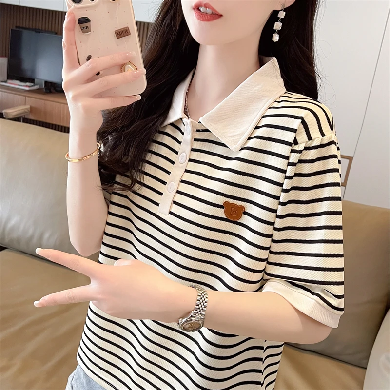 polo领短袖t恤女2025新款夏季韩版宽松条纹设计感假两件撞色上衣