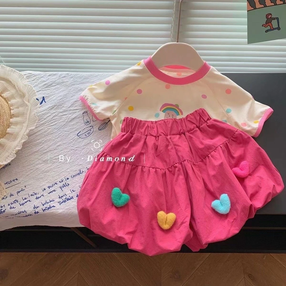 女童套装2024新款夏装儿童卡通短袖洋气上衣女宝宝花苞两件套潮