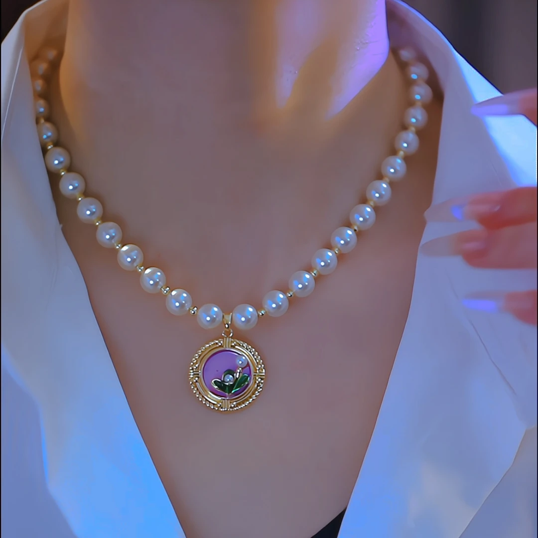 钛钢仿珍珠项链 【贝珠圆花】气质百搭复古锁骨链设计感项链女小众