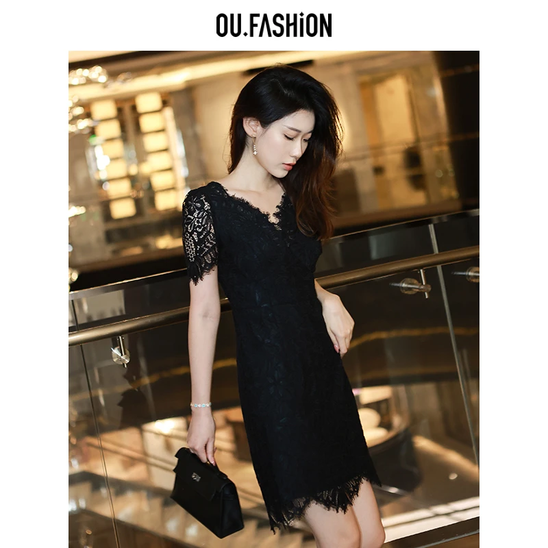 OU.FASHION/欧点法式优雅气质短款蕾丝连衣裙6122230025