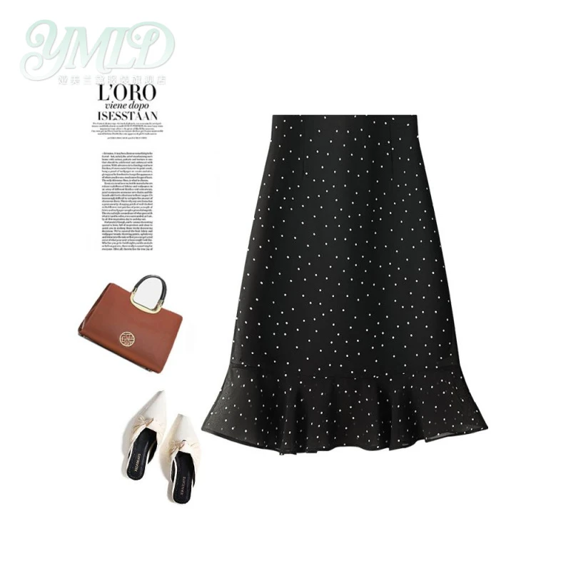 黑色波点鱼尾半身裙女2025夏季新款高腰显瘦气质中长a字包臀裙子