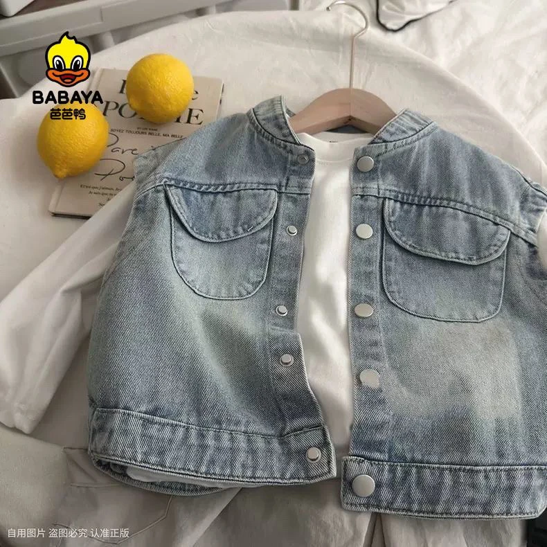 男童韩版女童复古牛仔马甲外穿儿童洋气新款春秋宝宝坎肩百搭背心