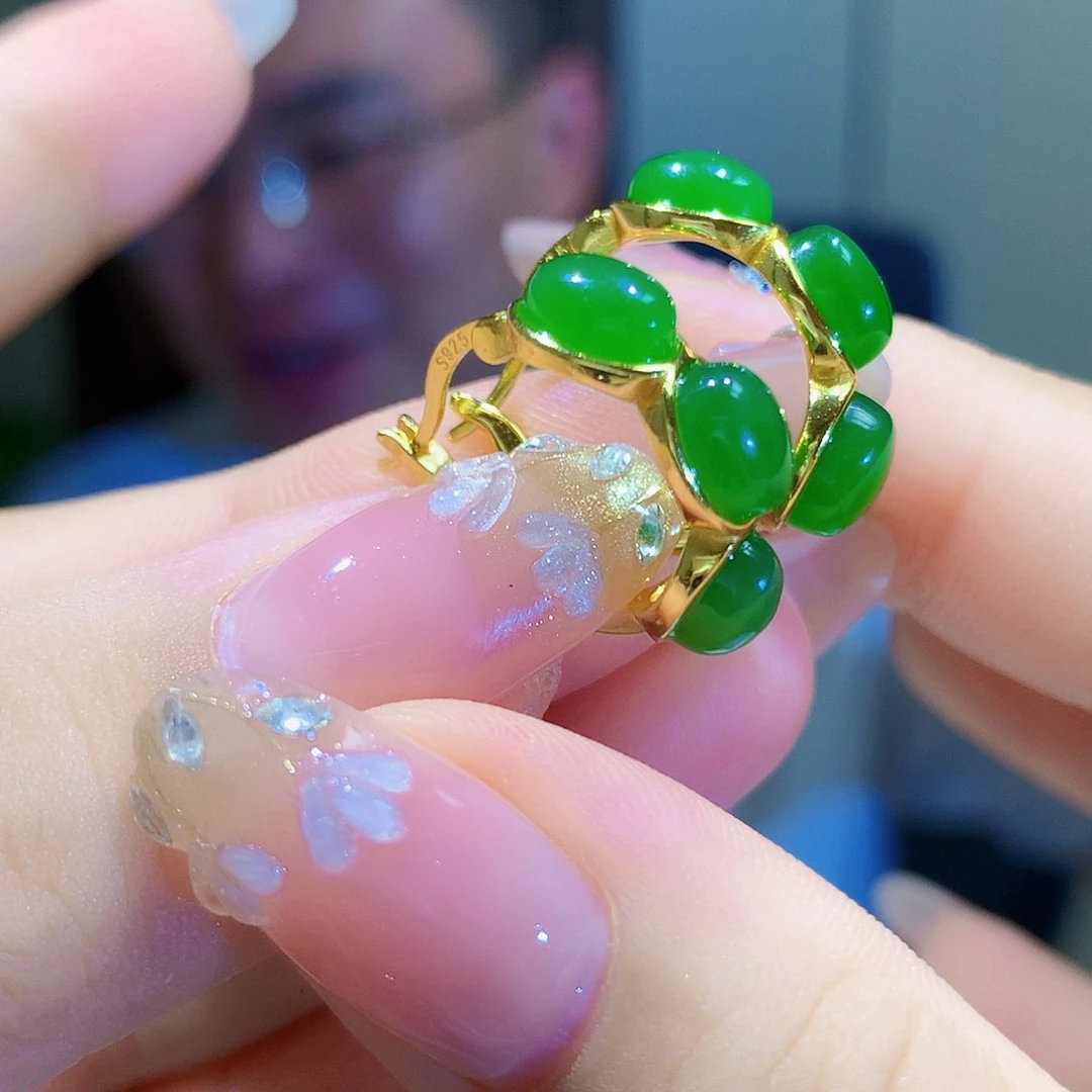 银S925镀金镶嵌和田玉（碧玉）耳饰