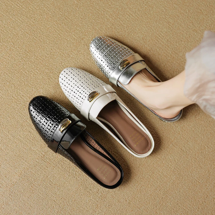 软牛皮~1.5cm软底复古英伦风穆勒拖镂空透气真皮包头拖鞋真皮凉拖