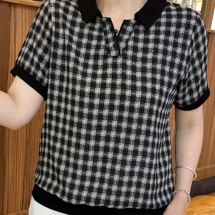 2025短袖t恤女士条纹翻领百搭休闲夏季时尚中年妈妈半袖小衫