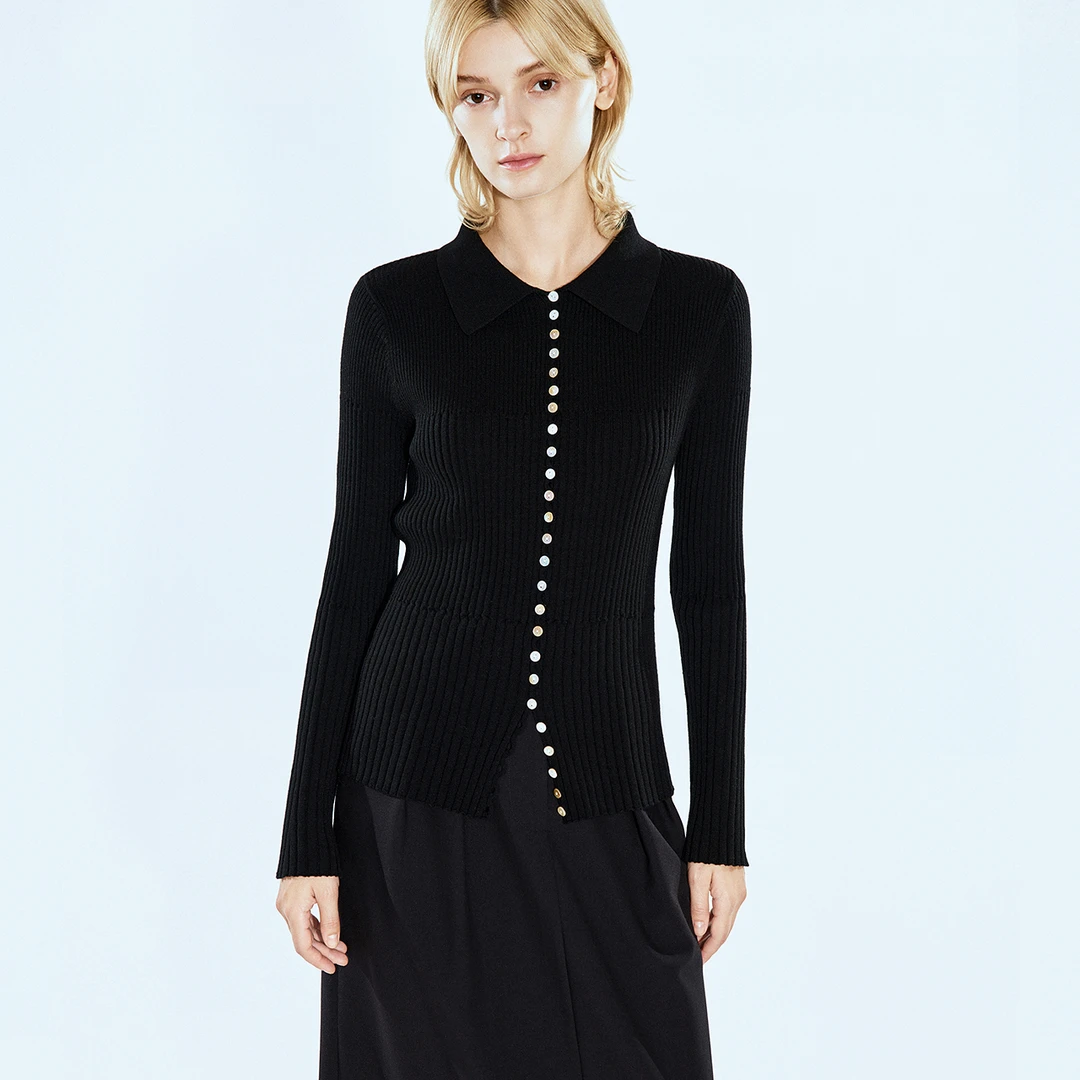 COVERINS2025春季修身POLO领坑条时尚百搭短款羊毛开衫CC35106290