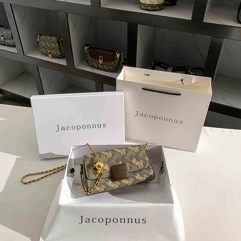 雅各邦真皮老花盒子包女2025新款包包轻奢小众高级感通勤链条斜挎