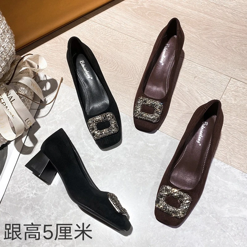 真皮单鞋女粗跟2025新款春秋方头瓢鞋浅口中跟奶奶鞋百搭时尚女鞋