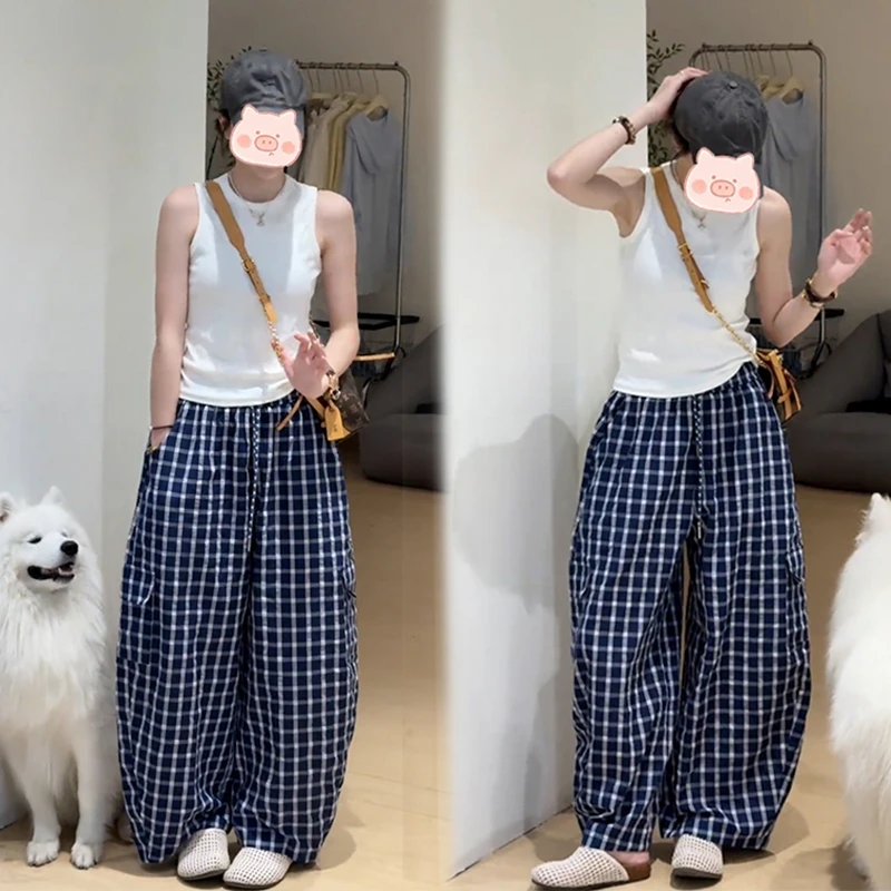 夏日绝美巨好看套装女韩系减龄白色背心上衣格子阔腿裤慵懒两件套