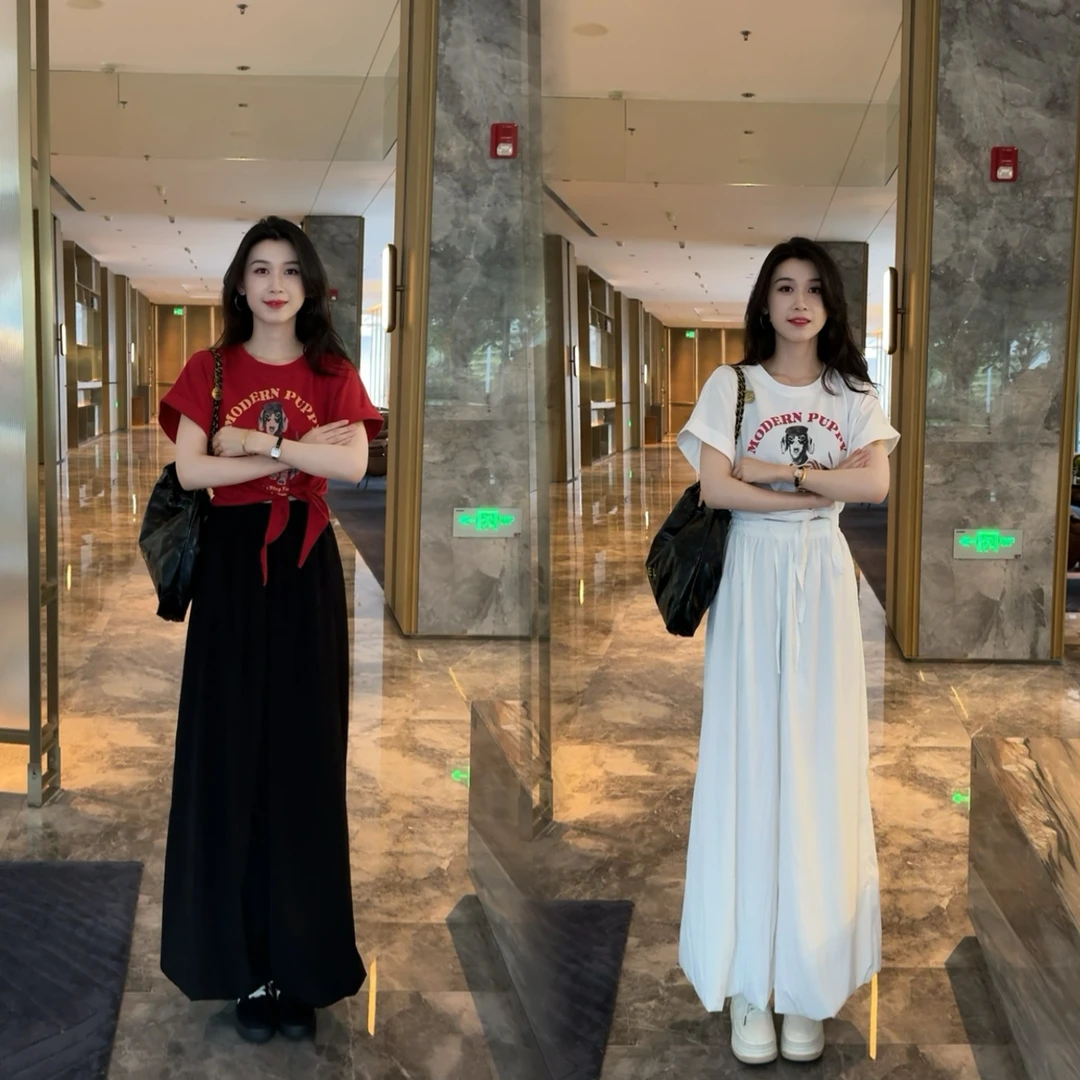 圆领美式复古狗狗绑带短袖上衣+花苞裙裤女高腰灯笼裤宽松套装