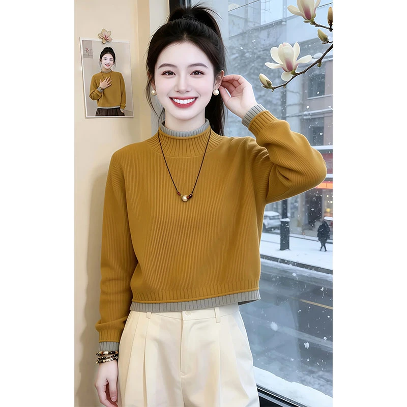 兹伊翰【温感风时】2026秋冬新款拼接百搭针织衫女士慵懒风长袖毛衣