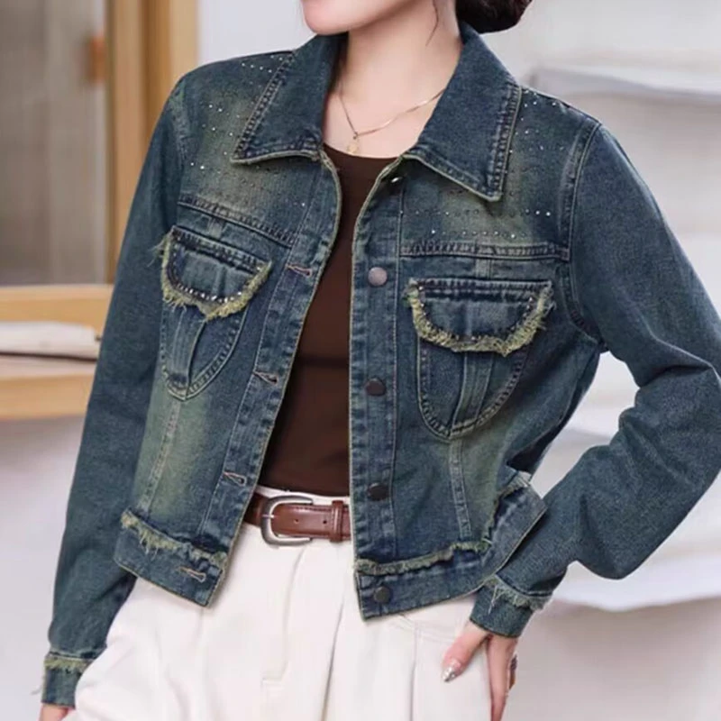 8735蓝色秋季新款设计感水洗重工流苏烫钻牛仔外套百搭上衣显瘦