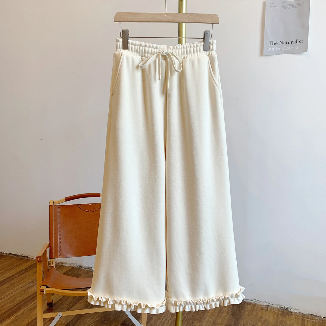 C4994加绒木耳边松紧腰系带阔腿裤