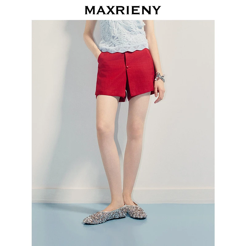 【商场同款】MAXRIENY精致日常风樱桃红小a短裤女25夏款气质裙裤