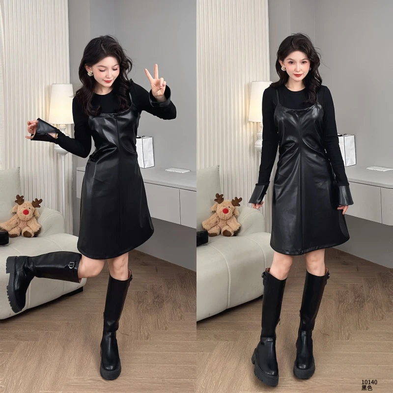 Saeda品牌女装甜酷风收腰吊带皮裙两件套YF10140