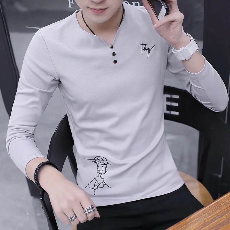 V领三粒扣刺绣长袖T恤秋季新款男士长袖T恤印花时尚韩版ins潮流