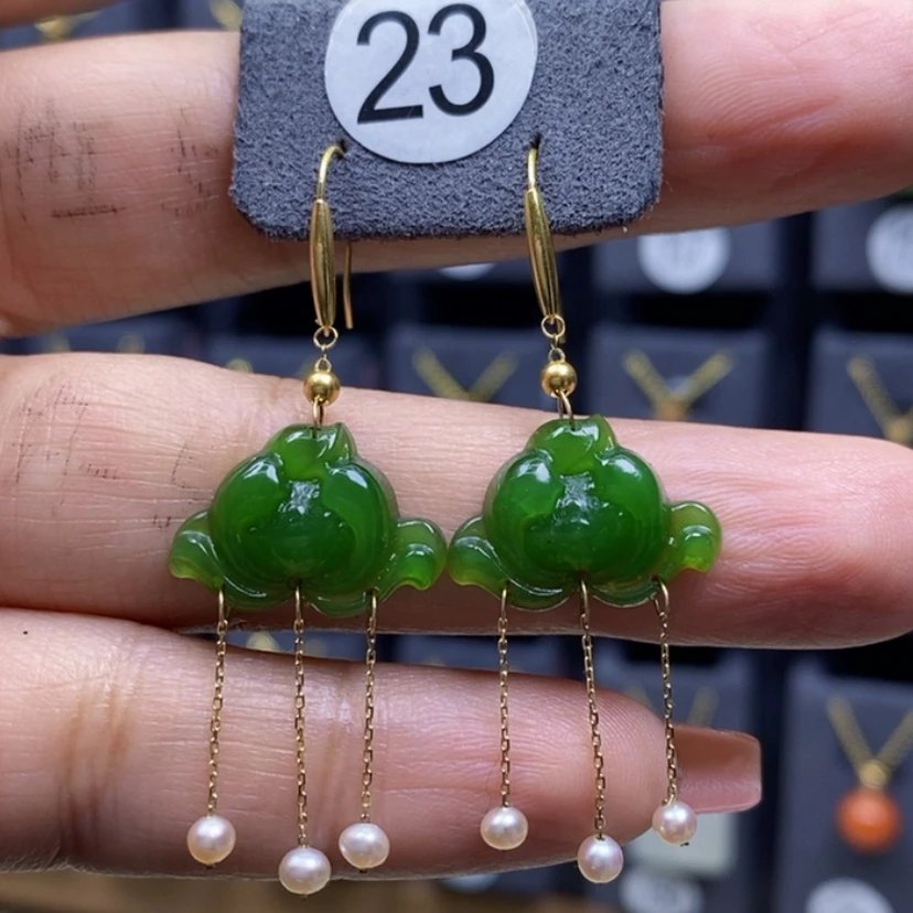 【闪购商品】和田玉耳饰18K金镶嵌12x18x4mm莲花耳饰