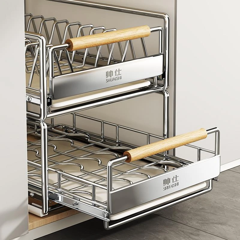 帅仕碗碟收纳架不锈钢碗架厨房置物架下水槽抽屉式拉篮碗盘沥水架