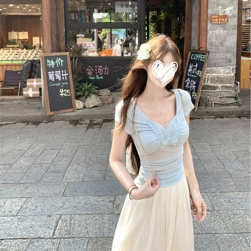 2025夏季新款网纱拼接显瘦蝴蝶镂空T恤修身纯欲风辣妹女上衣
