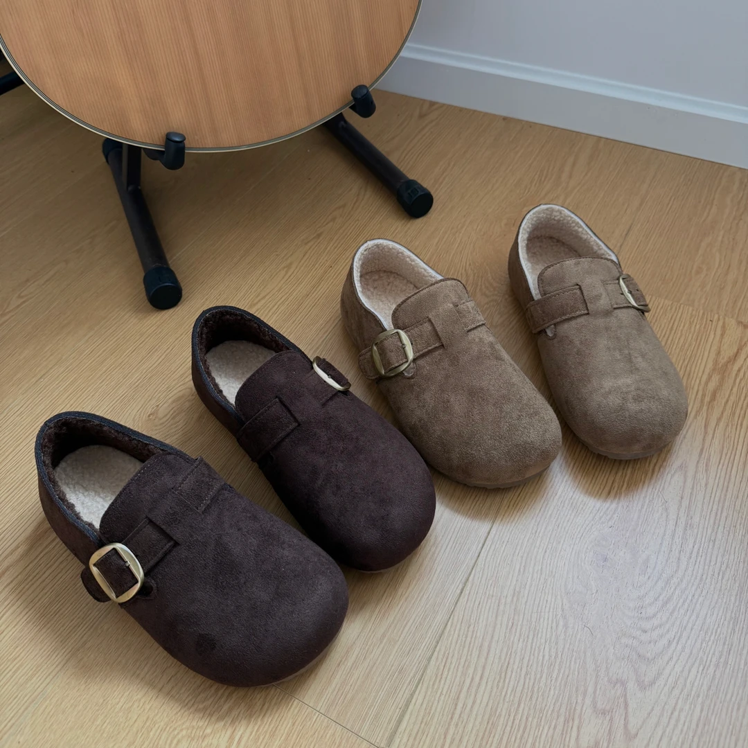 秋冬加绒勃肯圆头保暖时尚休闲鞋皮带扣包头厚款一脚蹬懒人鞋