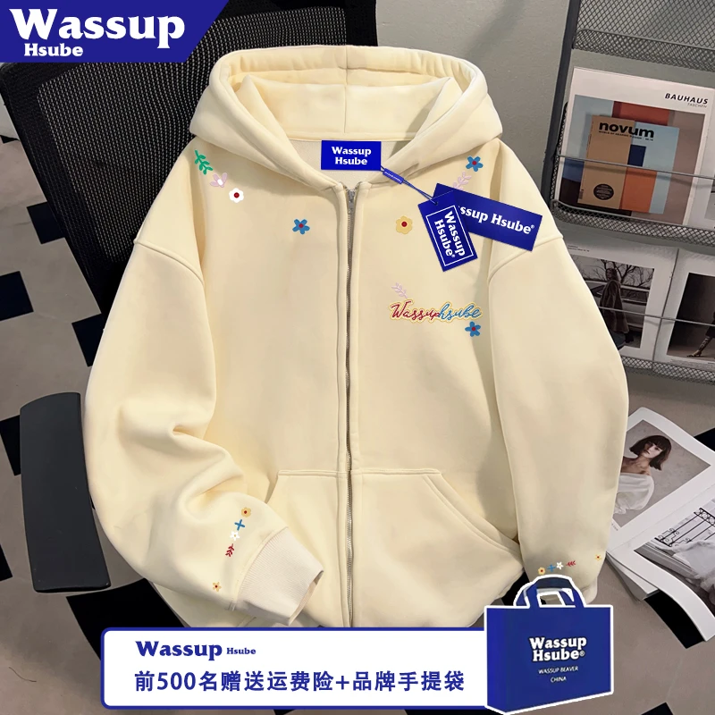WASSUP HSUBE秋冬男女加绒加厚开衫拉链连帽卫衣小众印花杏色外套
