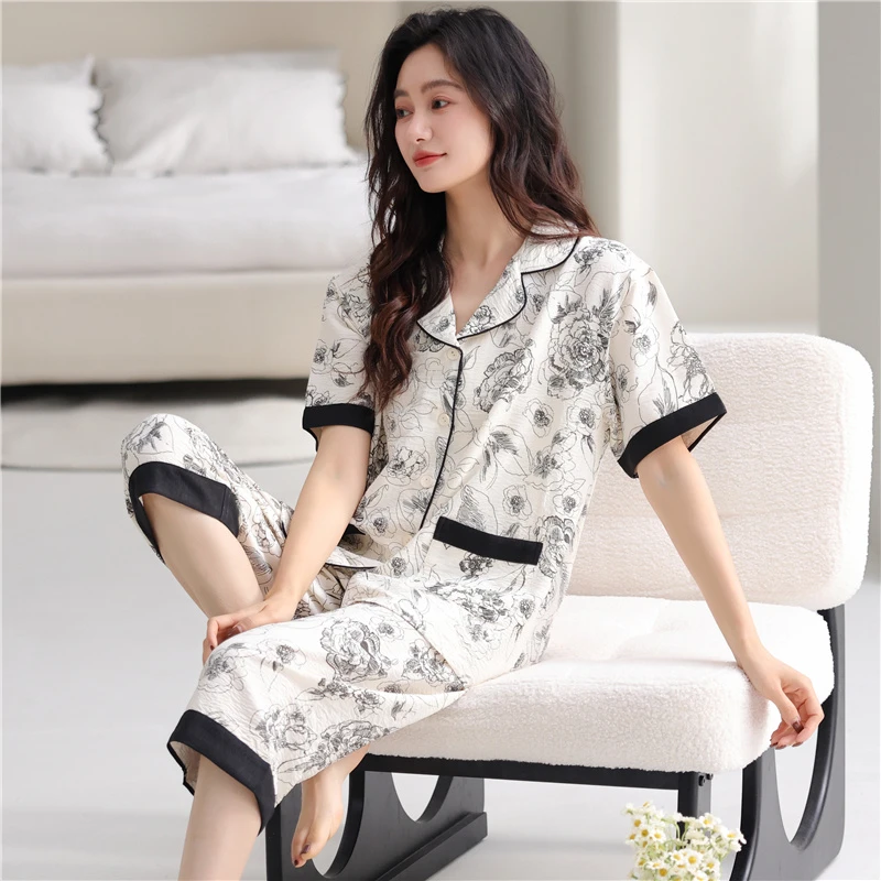 雅鹿云朵棉睡衣女夏季短袖七分裤碎花大码夏天薄款外穿家居服套装