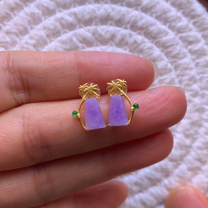 翡翠18K金镶嵌耳饰红紫耳钉