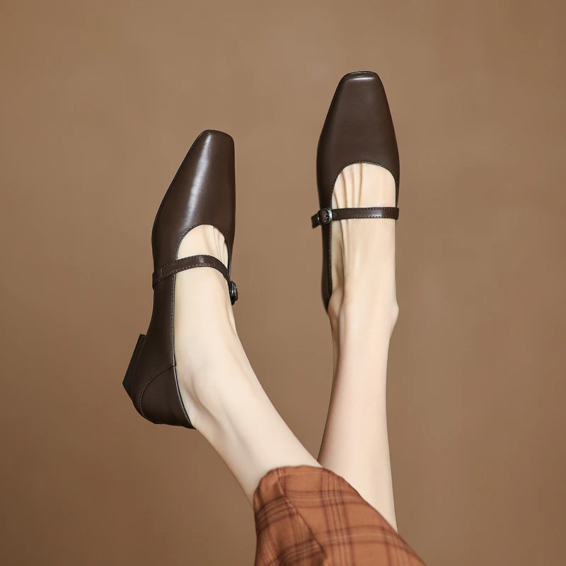 软牛皮软后跟/3公分 方头粗跟真皮单鞋女 平底舒适一字带玛丽珍鞋