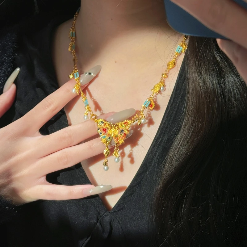 铜合金吊坠 高温烧蓝彩翩翩起舞之梦蝶吊坠项链 L架011