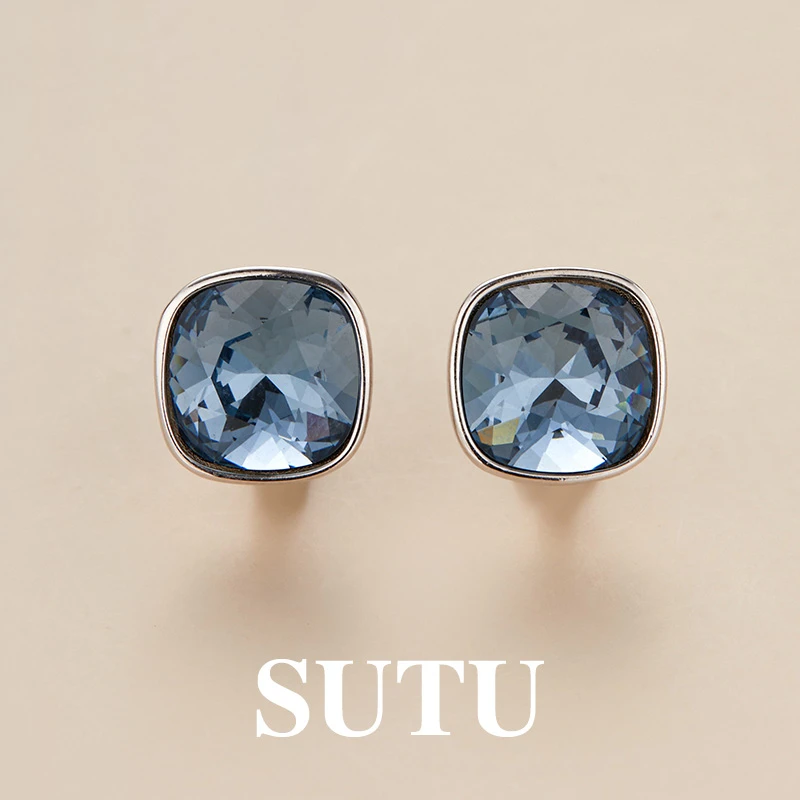 925银仿水晶耳饰 蓝色方形耳扣轻奢精致气质耳饰小众高级感耳钉