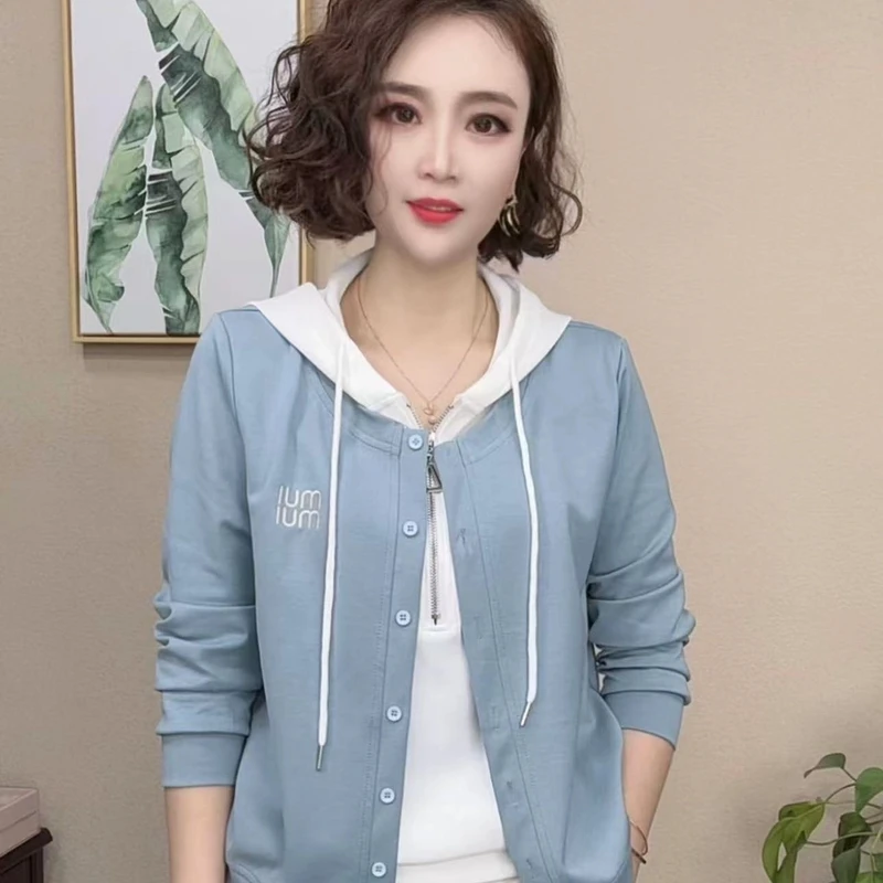 2025春节新款时尚气质百搭假两件长袖连帽女打底衫上衣#202