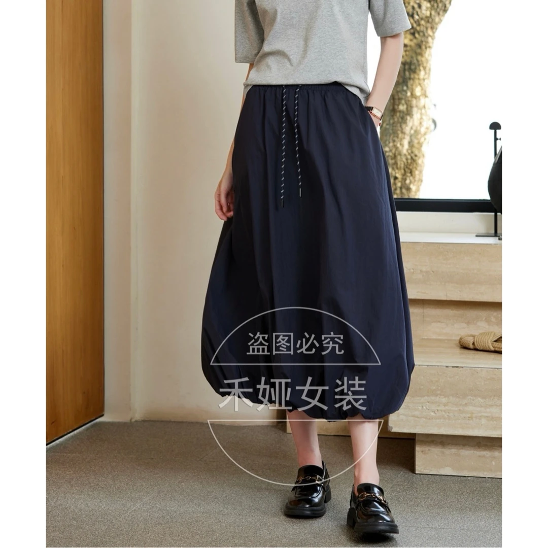 希茜9607 秋季新款纯色休闲抽绳松紧腰显瘦蓬蓬A字半身裙